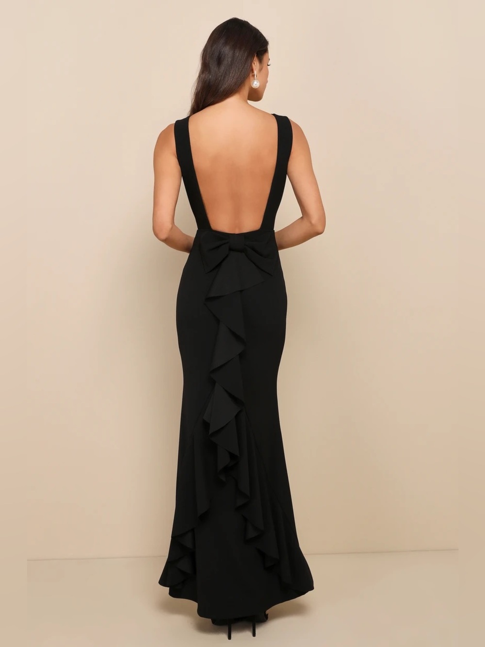 Lulus Exquisite Refinement Black Backless Bow Ruffled Maxi Dress large nwt